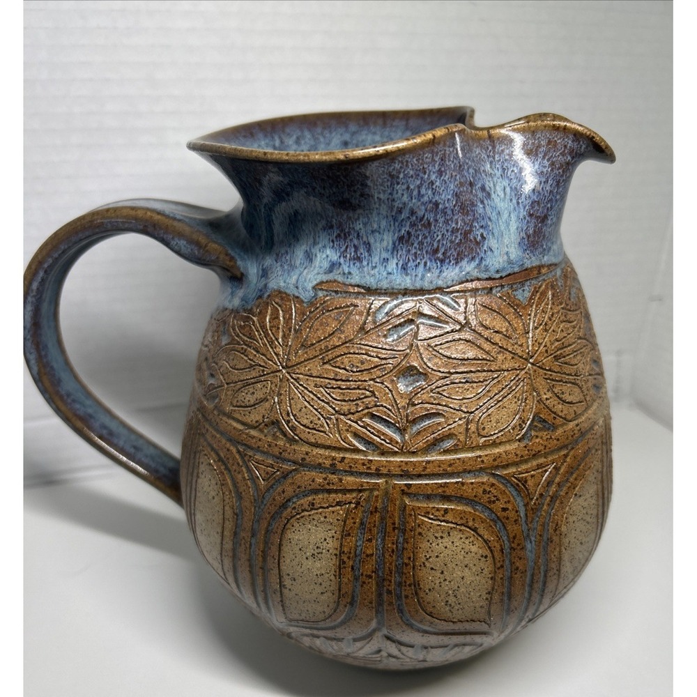 Susan Brown Freeman Incised Monstera Studio Pottery Pitcher 7 1/2"